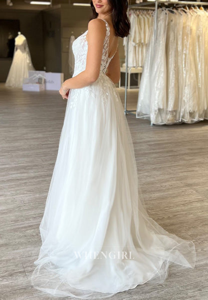 Appliqued Lace V Neck Sweep Train Regular Straps Sleeveless A-Line Beach Wedding Dress