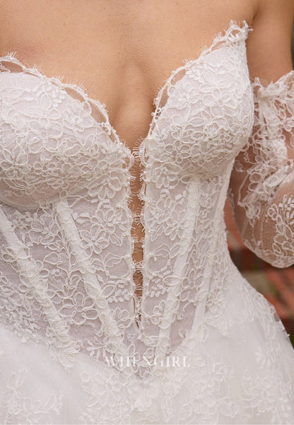 A-Line V Neck Long Sleeves Strapless Back Zipper Lace Wedding Dress with Train