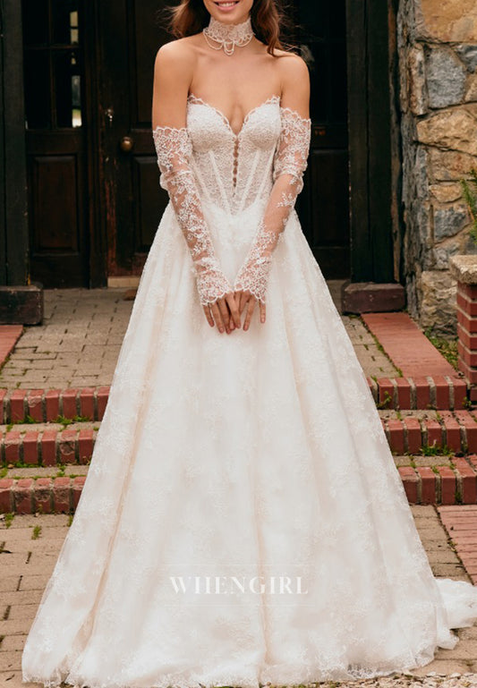 A-Line V Neck Long Sleeves Strapless Back Zipper Lace Wedding Dress with Train