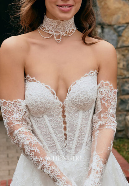 A-Line V Neck Long Sleeves Strapless Back Zipper Lace Wedding Dress with Train