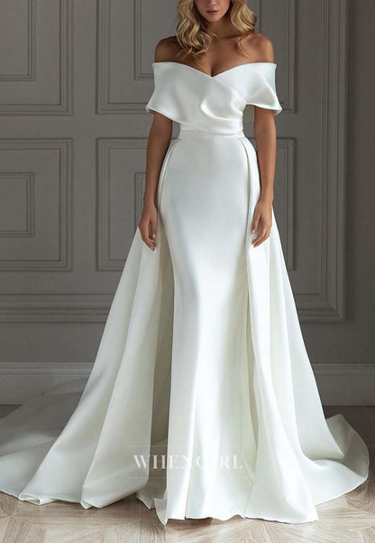 Simple Off Shoulder Sheath Ruched Court Train Wedding Dress