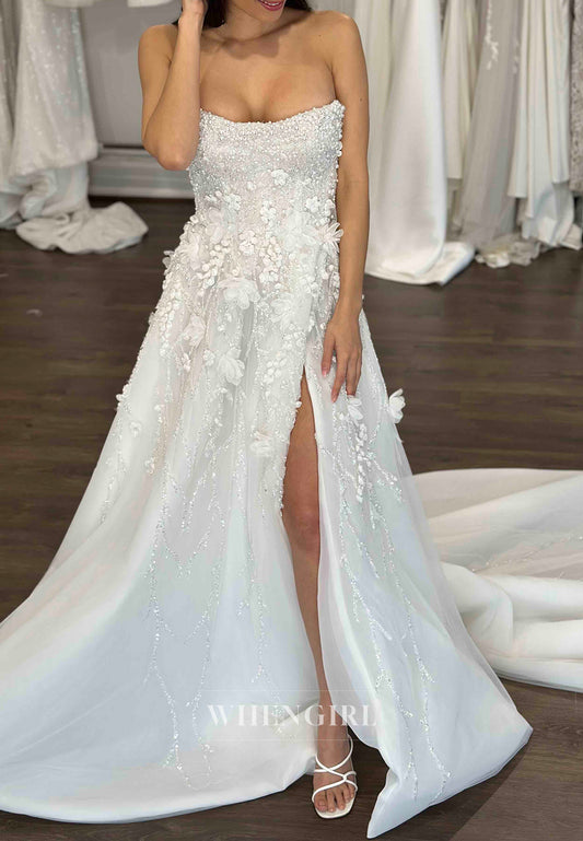 Strapless Pearls Beading Appliqued Sleeveless Side Slit Court Trian A-Line Wedding Dress