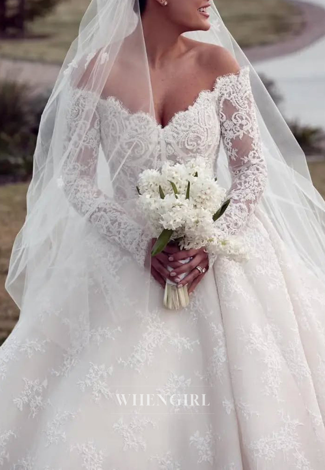 scalloped a line wedding dress Strapless Lace A-Line Wedding Dress with Train