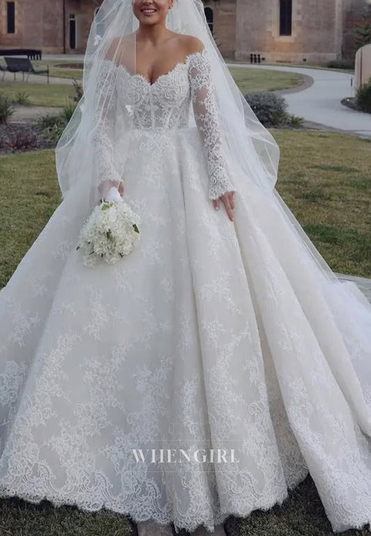 Embroidery Lace Long Sleeves Scalloped Neck Court Train A-Line Wedding Dress
