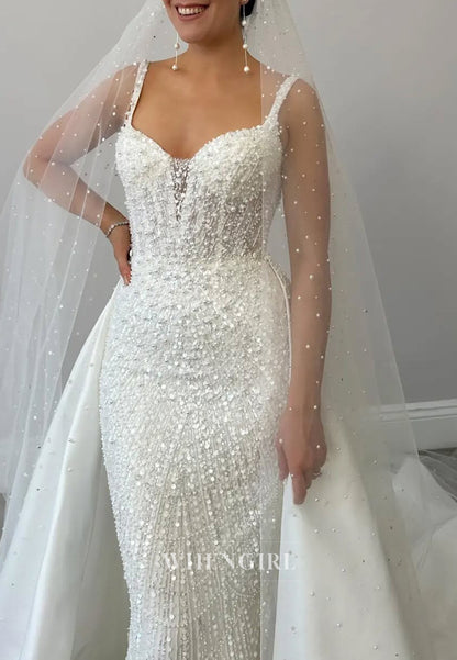 Sweetheart Sleeveless Beaded Sheath Wedding Dress with Sweep Train