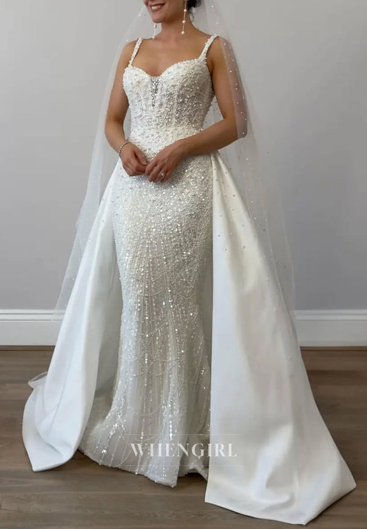 Sweetheart Sleeveless Beaded Sheath Wedding Dress with Sweep Train