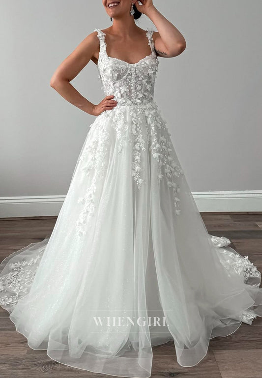 A-Line Appliques Sleeveless Chapel Train Tulle Wedding Dress with Beads