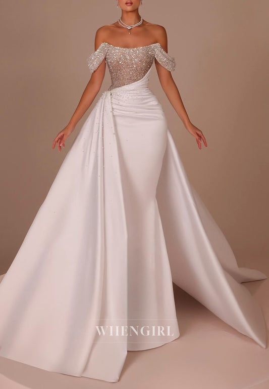 Off Shoulder Beaded Sheath Sleeveless Pleated Satin Wedding Dress with Cathedral Train