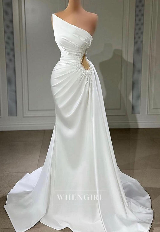 Cut Out Pleated Beads Asymmetrical Neck Sleeveless Mermaid Wedding Dress