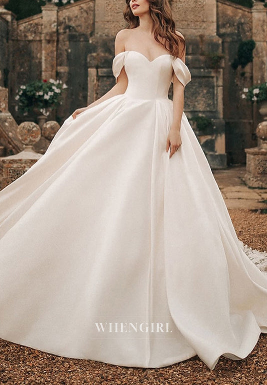 A-Line Sweetheart Off Shoulder Sleeveless Satin Appliques Bowknot Chapel Train Wedding Dress
