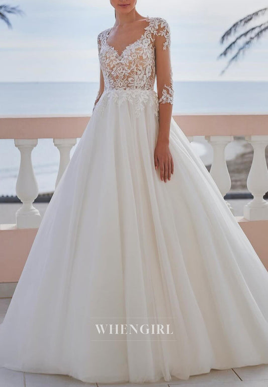 Cut out Back V Neck 3/4 Sleeves Appliques Tulle A-Line Sweep Train Wedding Dress