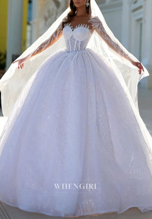 Ball Gown Sweetheart Illusion Long Sleeves Beaded Wedding Dress with Court Train