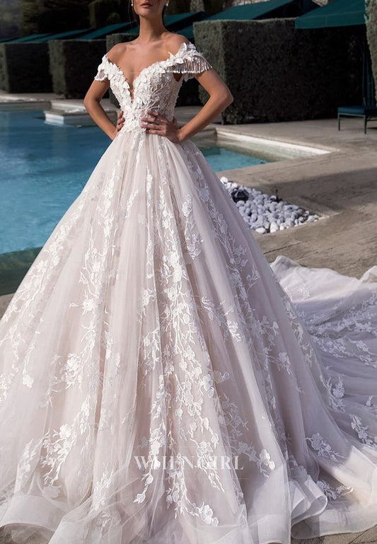 V Neck Tassel Off Shoulder Appliques Tulle A-Line Wedding Dress with Chapel Train