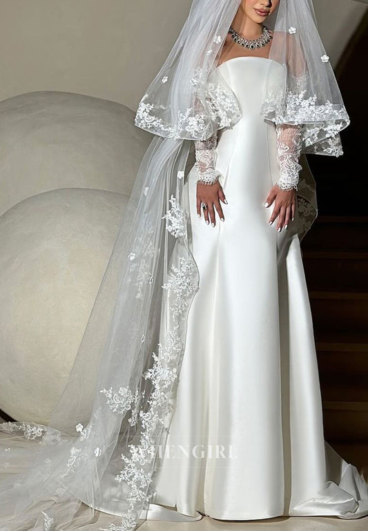 Sheath Strapless Illusion Lace Sleeves Simple Satin Wedding Dress