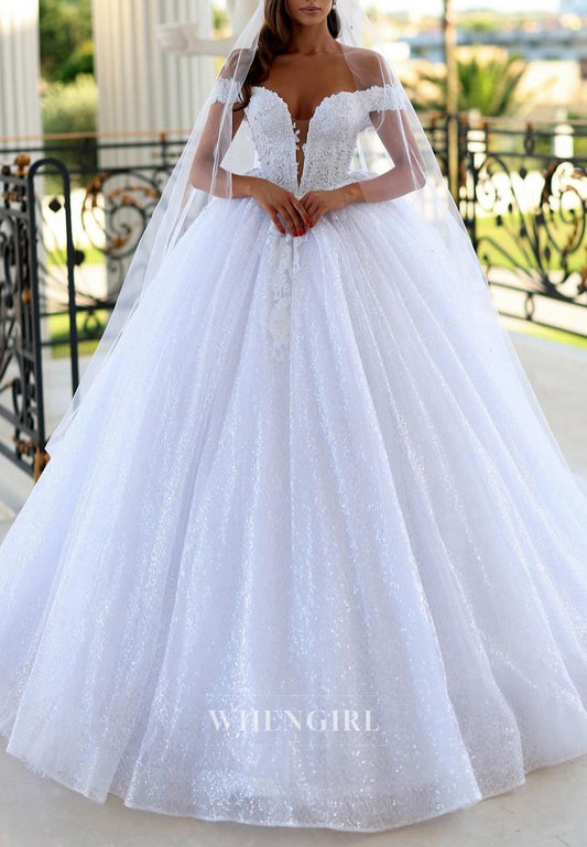 V Neck Off Shoulder Appliqued Beads A-Line Sequins Wedding Dress