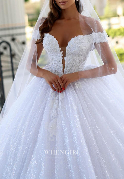 V Neck Off Shoulder Appliqued Beads A-Line Sequins Wedding Dress