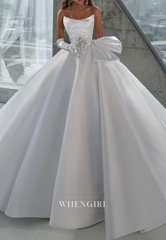 Simple A-Line Pleated Strapless Satin Wedding Dress with Gloves