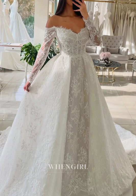 V-Neck Illusion Long Sleeves A-Line Embroidery Lace Off Shoulder Wedding Dress with Court Train