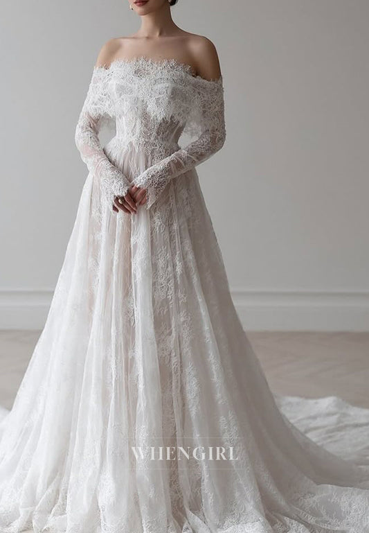 A-Line Long Sleeves Embroidery Lace Beaded Off Shoulder Wedding Dress with Court Train