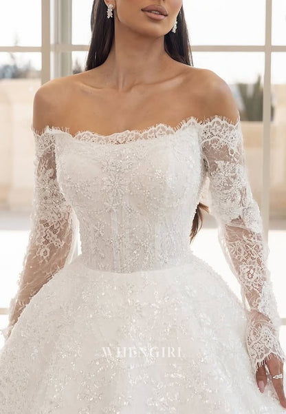 A-Line Appliques Lace Long Sleeves Off Shoulder Beaded Strapless Wedding Dress