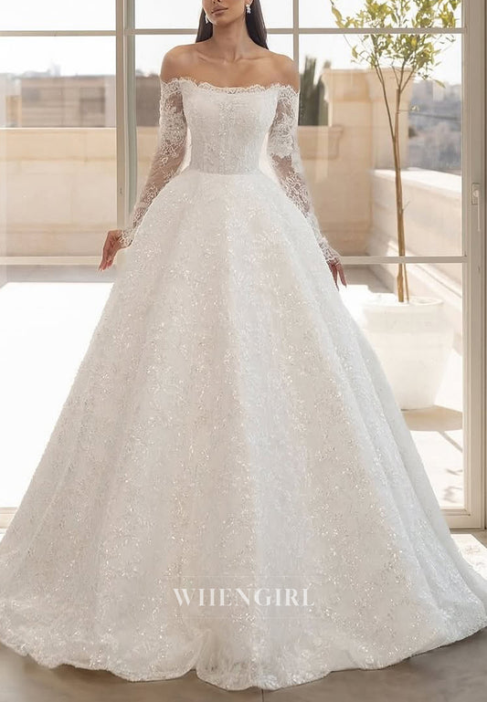 A-Line Appliques Lace Long Sleeves Off Shoulder Beaded Strapless Wedding Dress