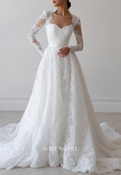 Queen Anne Neck Appliques Lace Long Sleeves A-Line Wedding Dress with Court Train