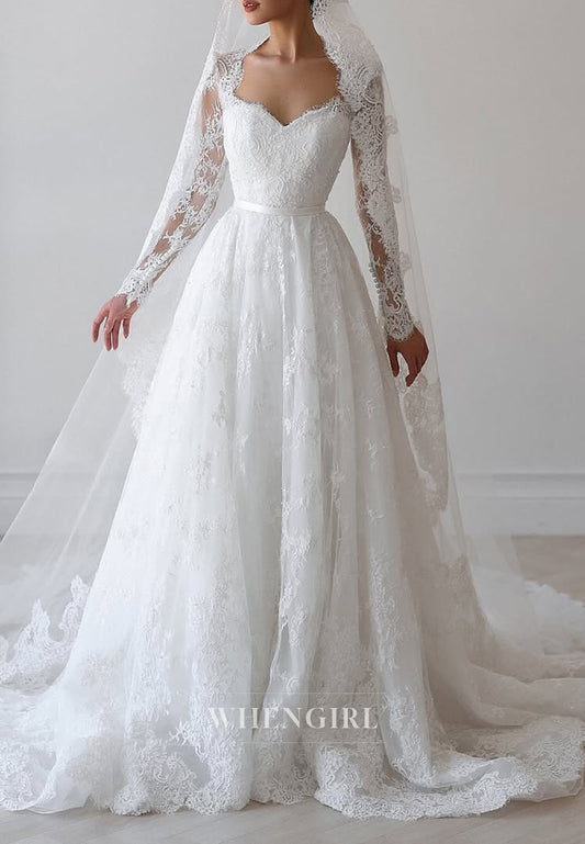 Queen Anne Neck Appliques Lace Long Sleeves A-Line Wedding Dress with Court Train