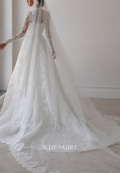 Queen Anne Neck Appliques Lace Long Sleeves A-Line Wedding Dress with Court Train