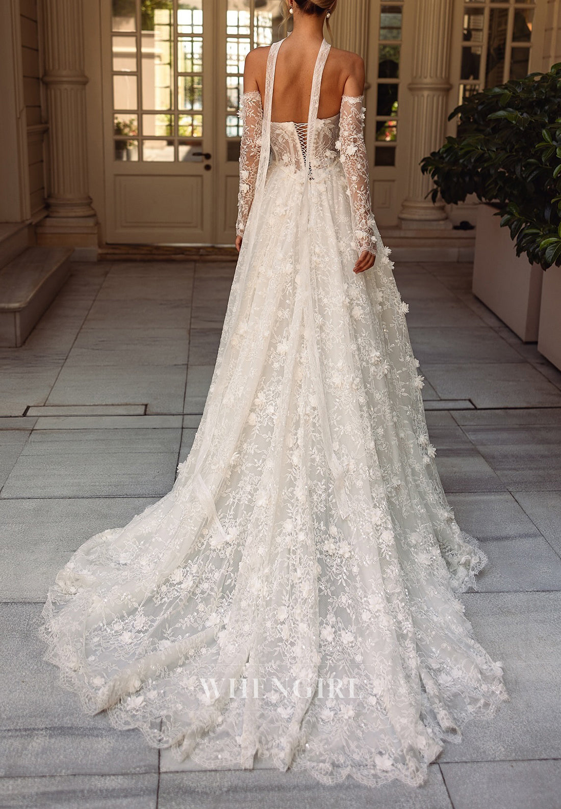 A-Line Asymmetrical Neck Long Sleeves Floral Lace Up Sweep Train Wedding Dress