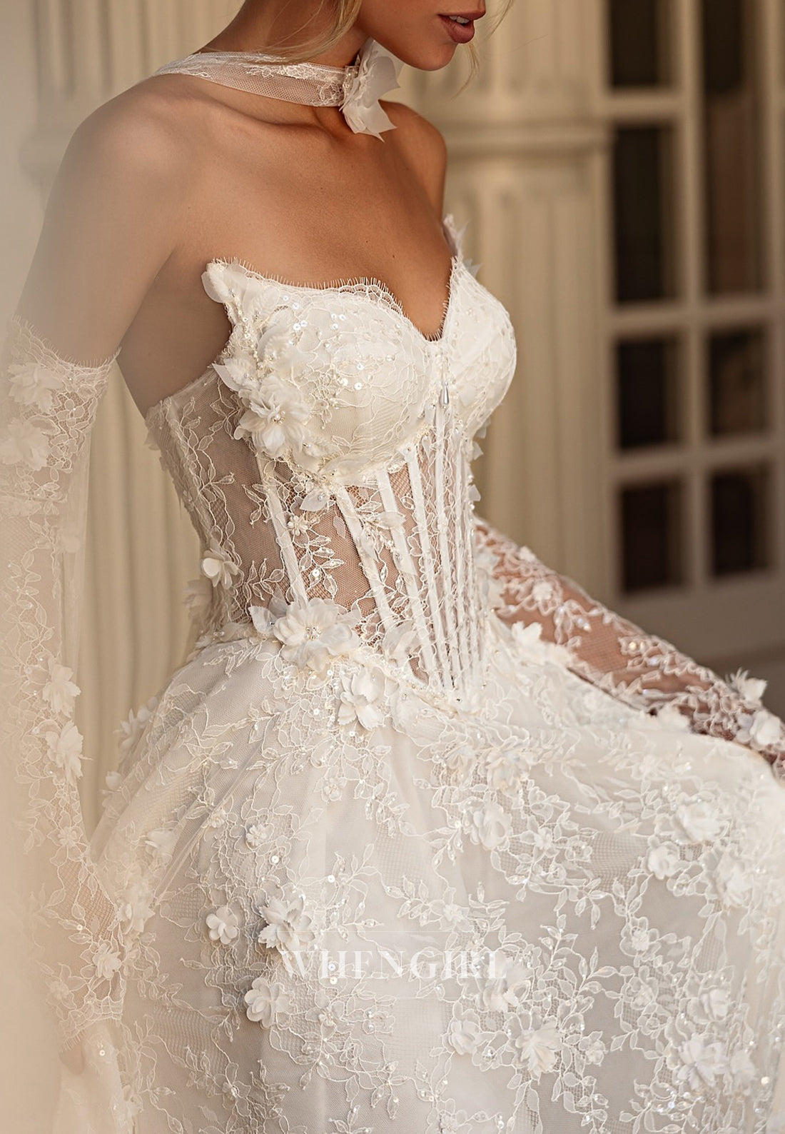 A-Line Asymmetrical Neck Long Sleeves Floral Lace Up Sweep Train Wedding Dress