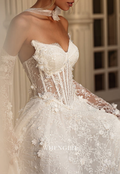 A-Line Asymmetrical Neck Long Sleeves Floral Lace Up Sweep Train Wedding Dress