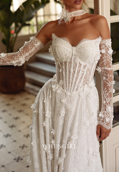 A-Line Asymmetrical Neck Long Sleeves Floral Lace Up Sweep Train Wedding Dress