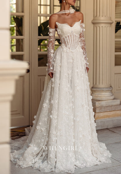 A-Line Asymmetrical Neck Long Sleeves Floral Lace Up Sweep Train Wedding Dress