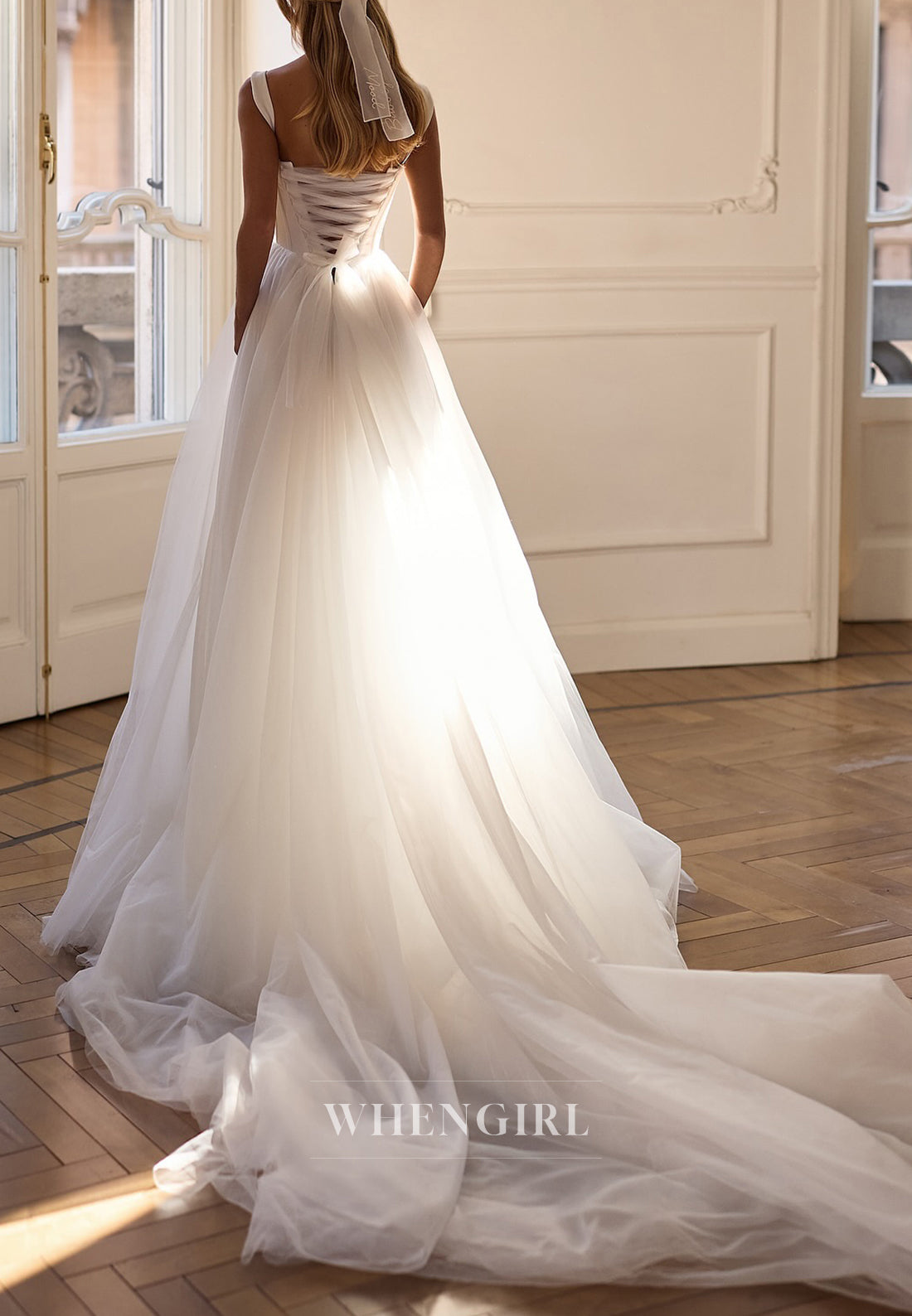 A-Line Sweetheart Sleeveless Lace Up Tulle Wedding Dress with Court Train