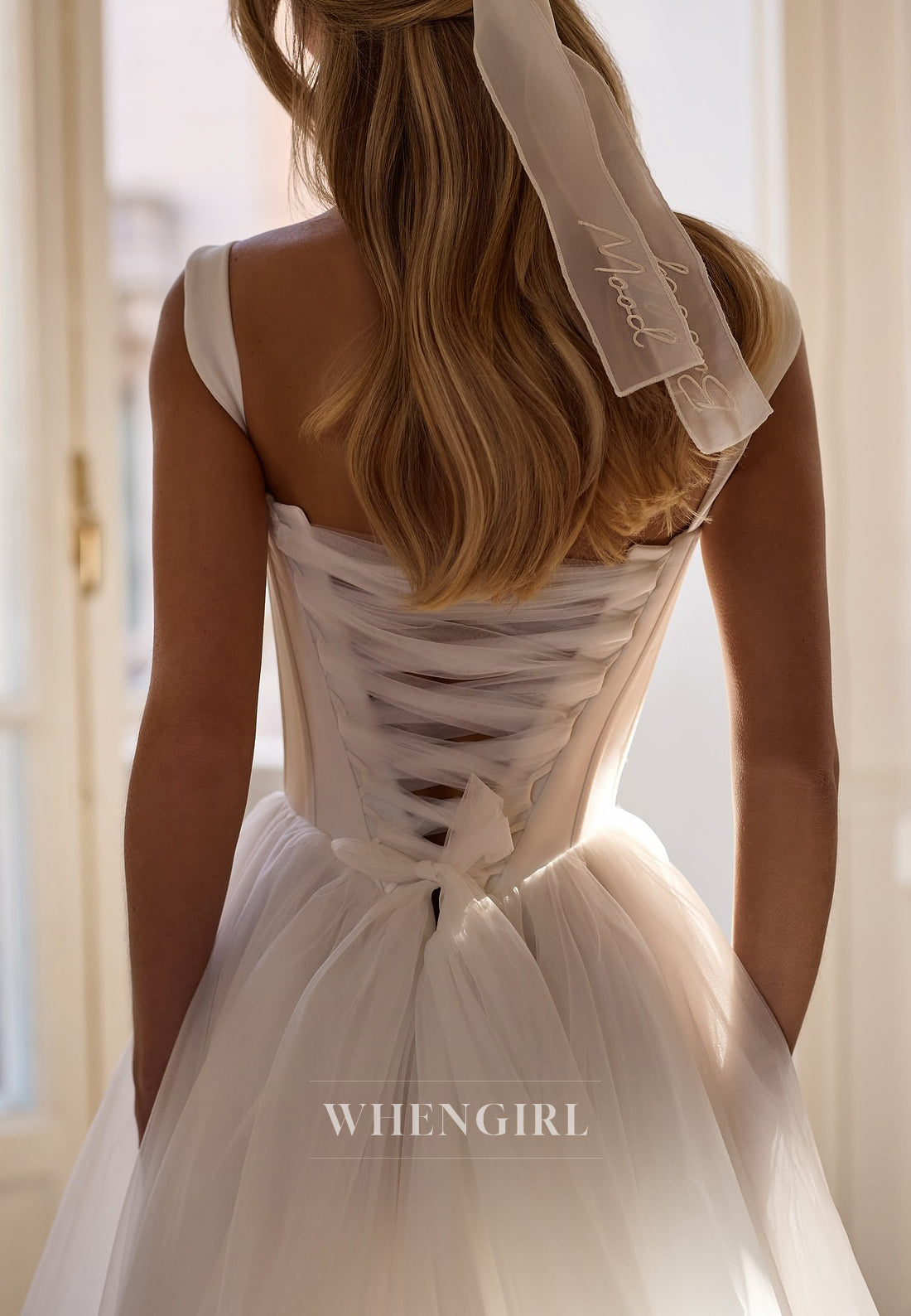A-Line Sweetheart Sleeveless Lace Up Tulle Wedding Dress with Court Train