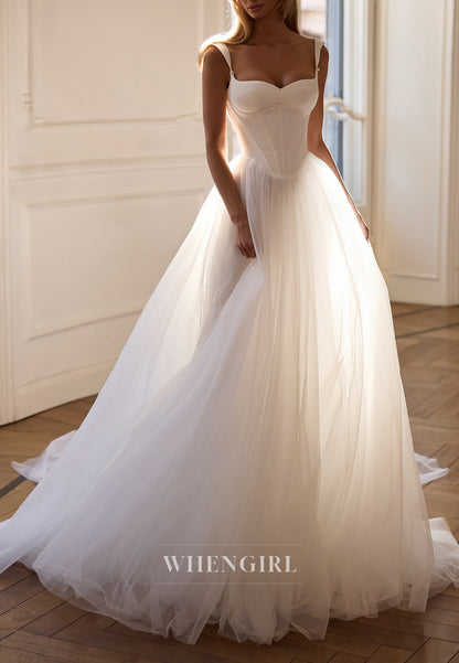 A-Line Sweetheart Sleeveless Lace Up Tulle Wedding Dress with Court Train