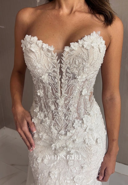 Sheath Sweetheart Sleeveless Appliqued Lace Wedding Dress with Detachable Train