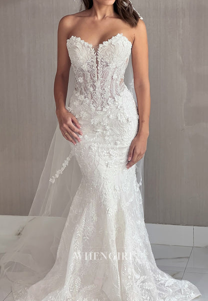 Sheath Sweetheart Sleeveless Appliqued Lace Wedding Dress with Detachable Train