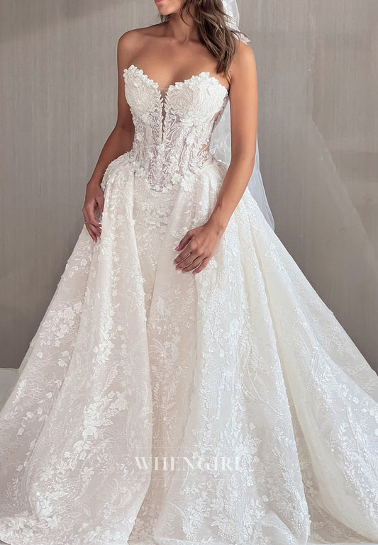 Sheath Sweetheart Sleeveless Appliqued Lace Wedding Dress with Detachable Train