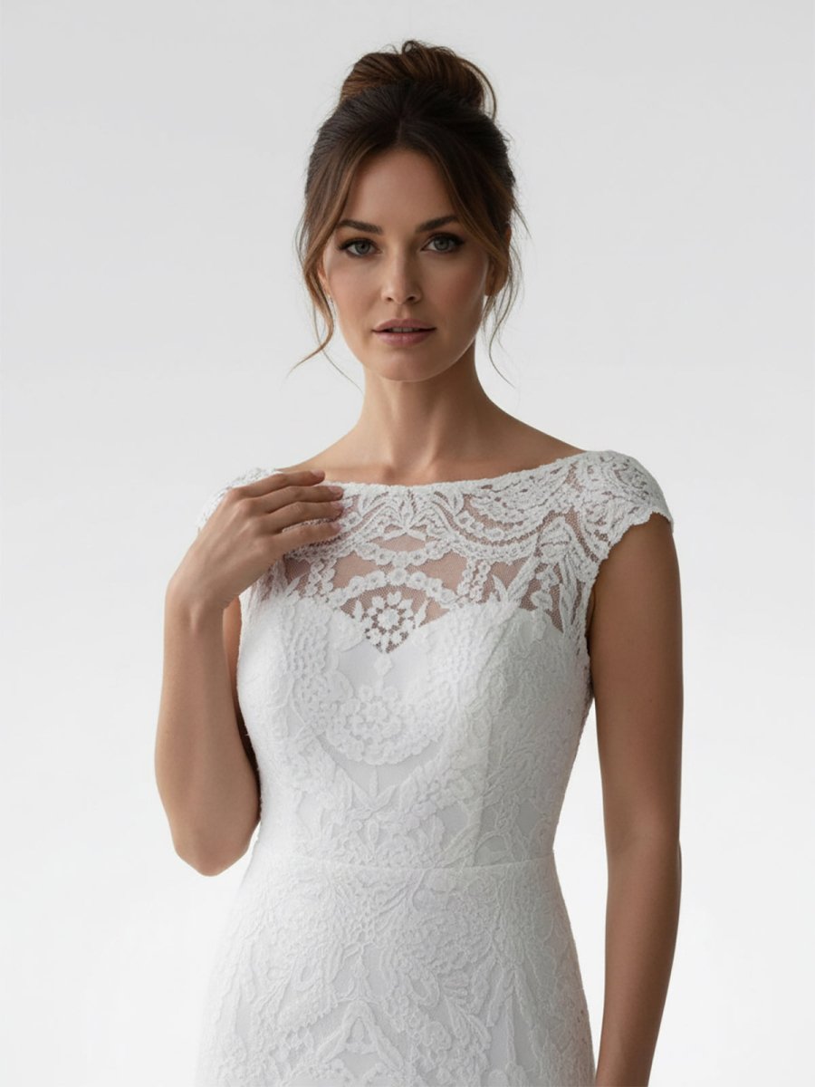 White Mermaid Cap Sleeve Lace Wedding Dress
