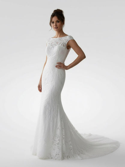 White Mermaid Cap Sleeve Lace Wedding Dress