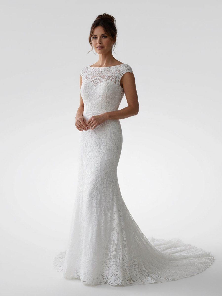 White Mermaid Cap Sleeve Lace Wedding Dress