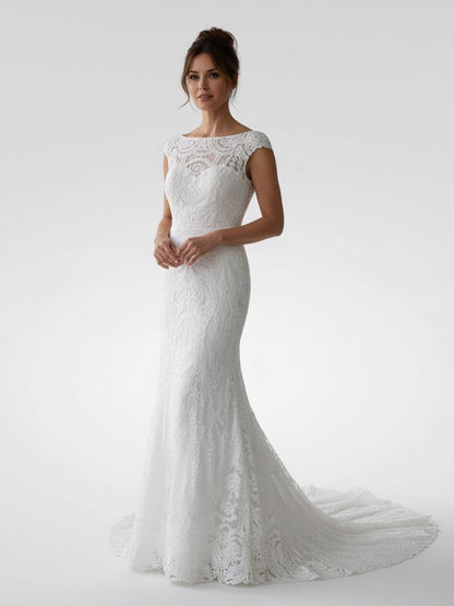 White Mermaid Cap Sleeve Lace Wedding Dress