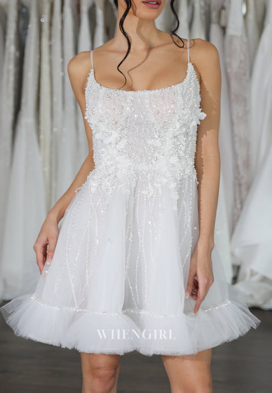 Pearls Beading Frill Hem Scoop Neck Floral A-Line Sleeveless Tulle Short Wedding Dress