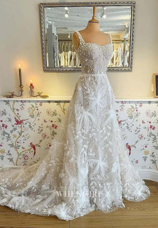 A-Line Sweetheart Sleeveless Pearls Sequins Beaded Sweep Train Wedding Dress