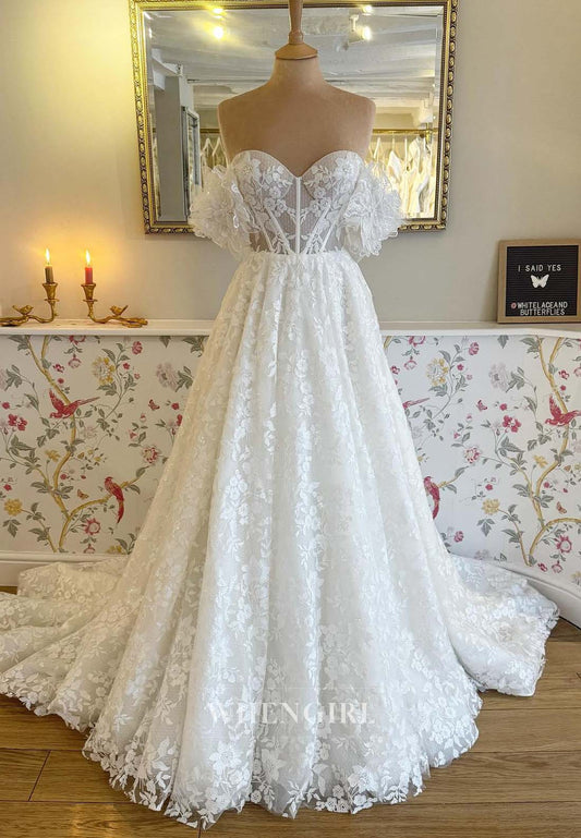 Sweetheart Off Shoulder Appliqued Lace A-Line Sweep Train Wedding Dress