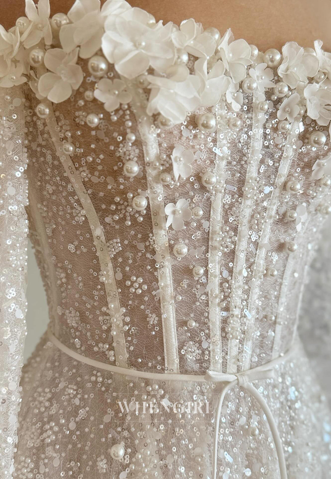 A-Line Off Shoudler Long Sleeves Beaded Floral Sweep Train Wedding Dress