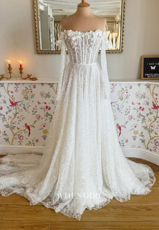A-Line Off Shoudler Long Sleeves Beaded Floral Sweep Train Wedding Dress