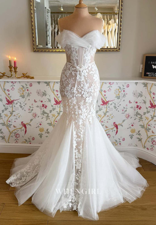 Off Shoulder Pleated V Neck Sleeveless Appliqued Lace Mermaid Long Wedding Dress