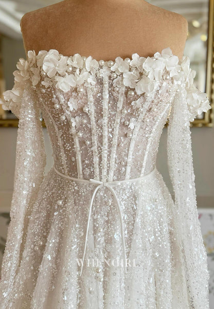 A-Line Off Shoudler Long Sleeves Beaded Floral Sweep Train Wedding Dress